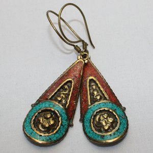 Vintage Turquoise & Red Mosaic Teardrop Earrings, made in Nepal